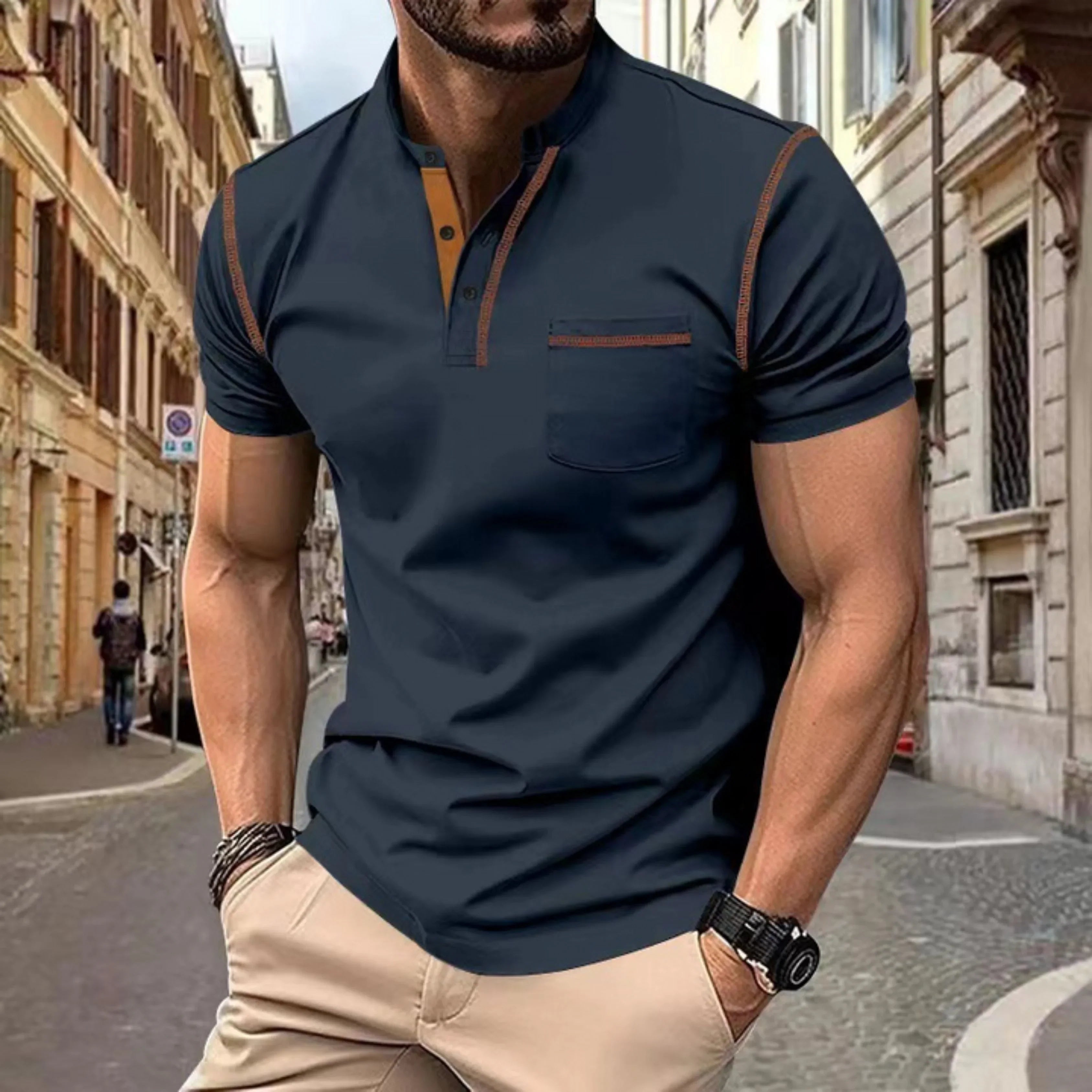 Short Sleeve Polo Shirt with Chest Pocket for Men