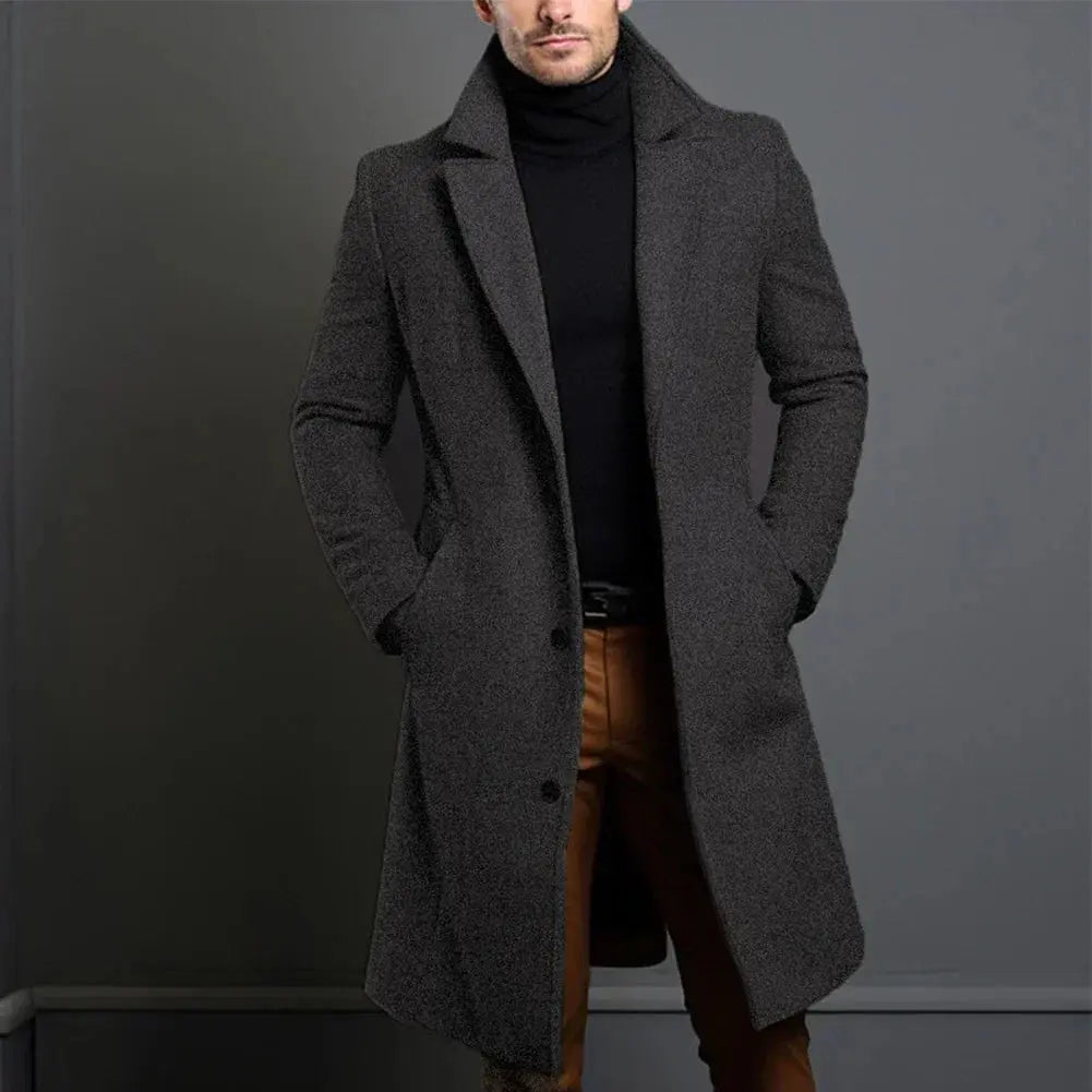 Long Wool Overcoat with Lapel Collar for Men