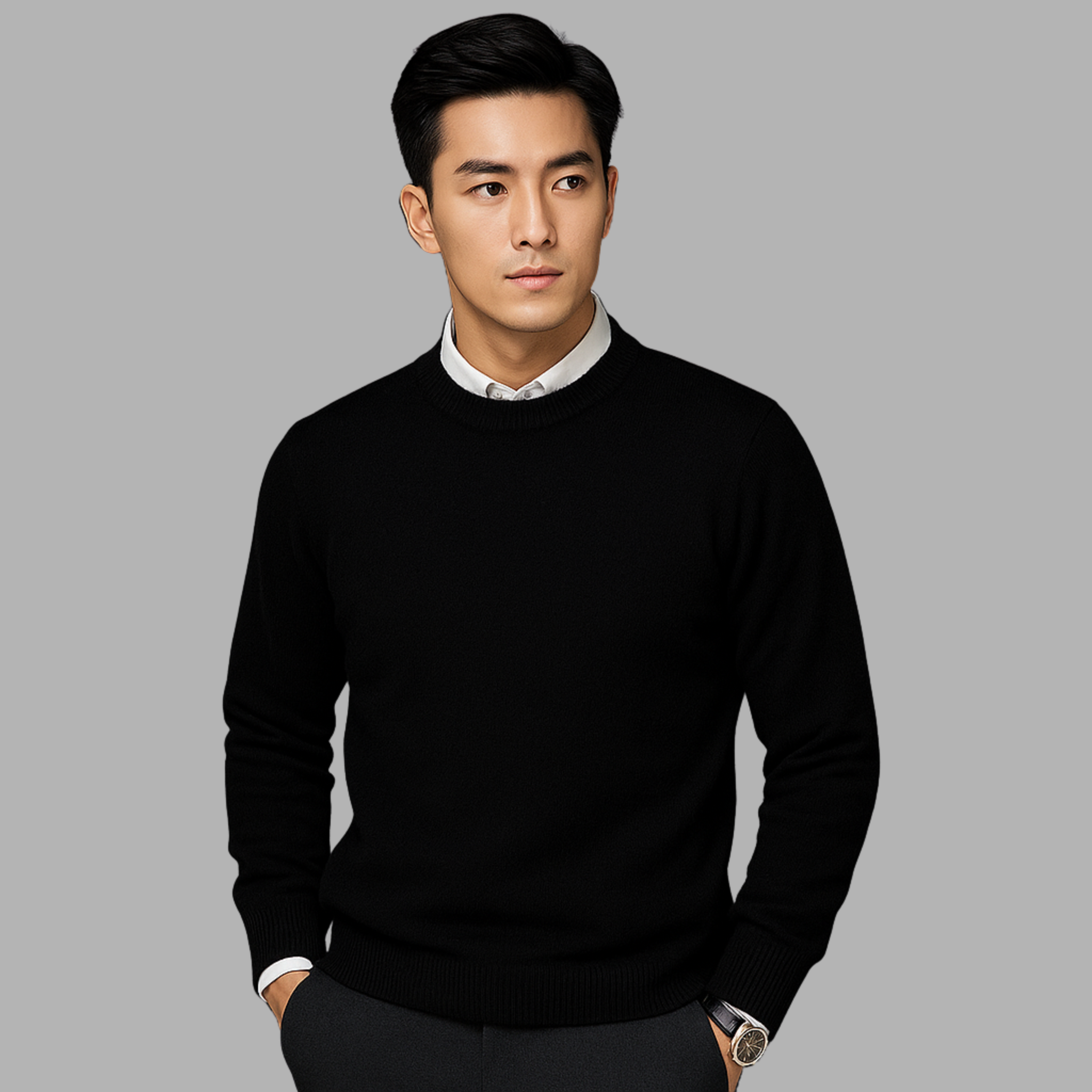 Crew Neck Ribbed Knit Sweater for Men