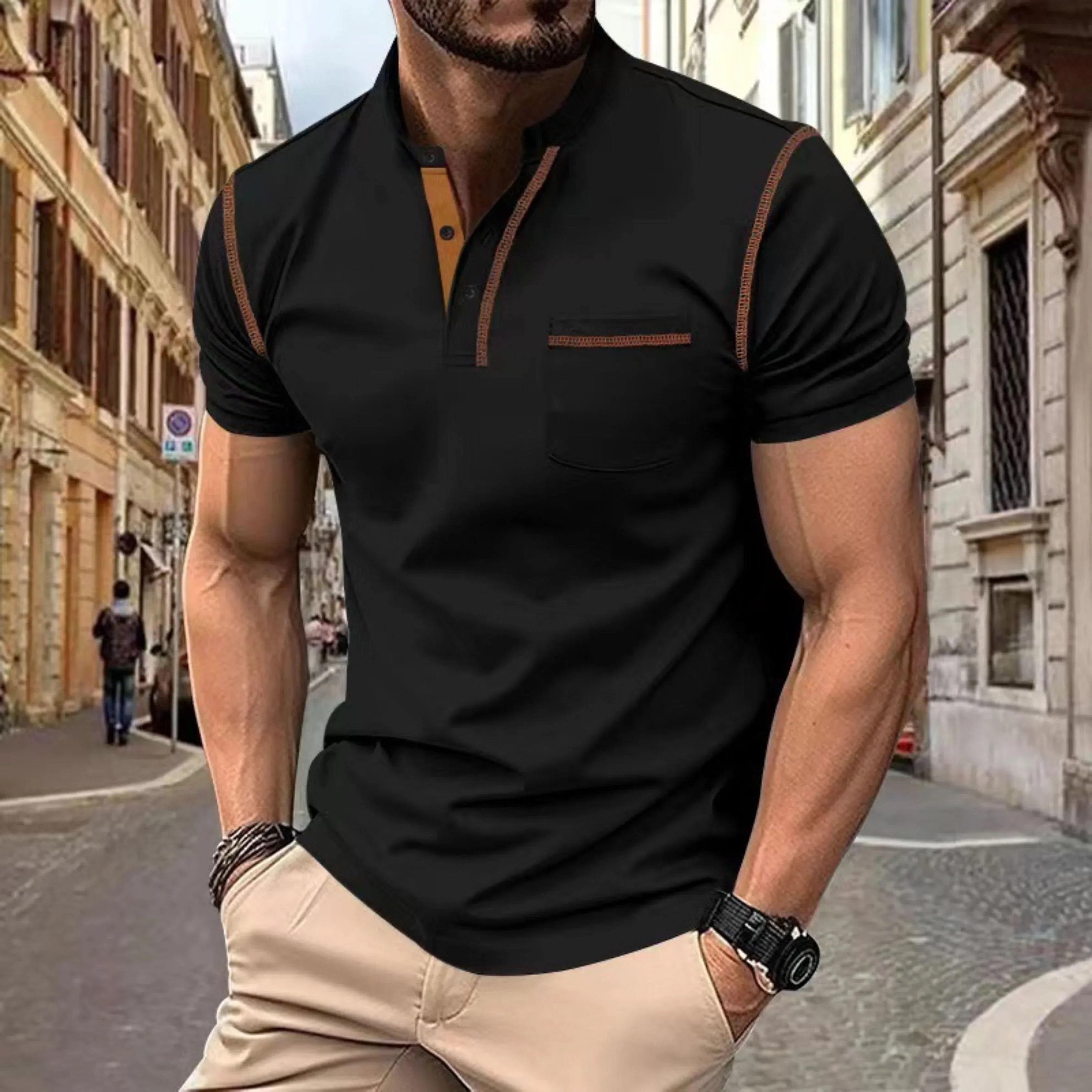 Short Sleeve Polo Shirt with Chest Pocket for Men
