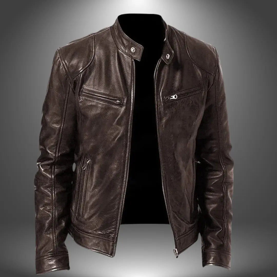 Leather Stand Collar Biker Jacket for Men