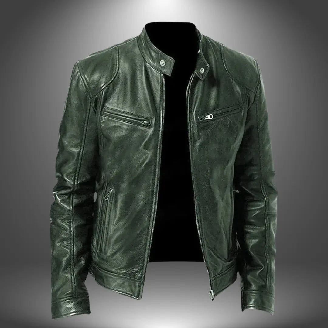 Leather Stand Collar Biker Jacket for Men