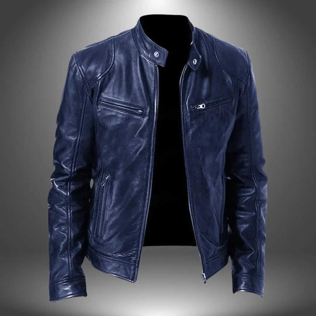 Leather Stand Collar Biker Jacket for Men