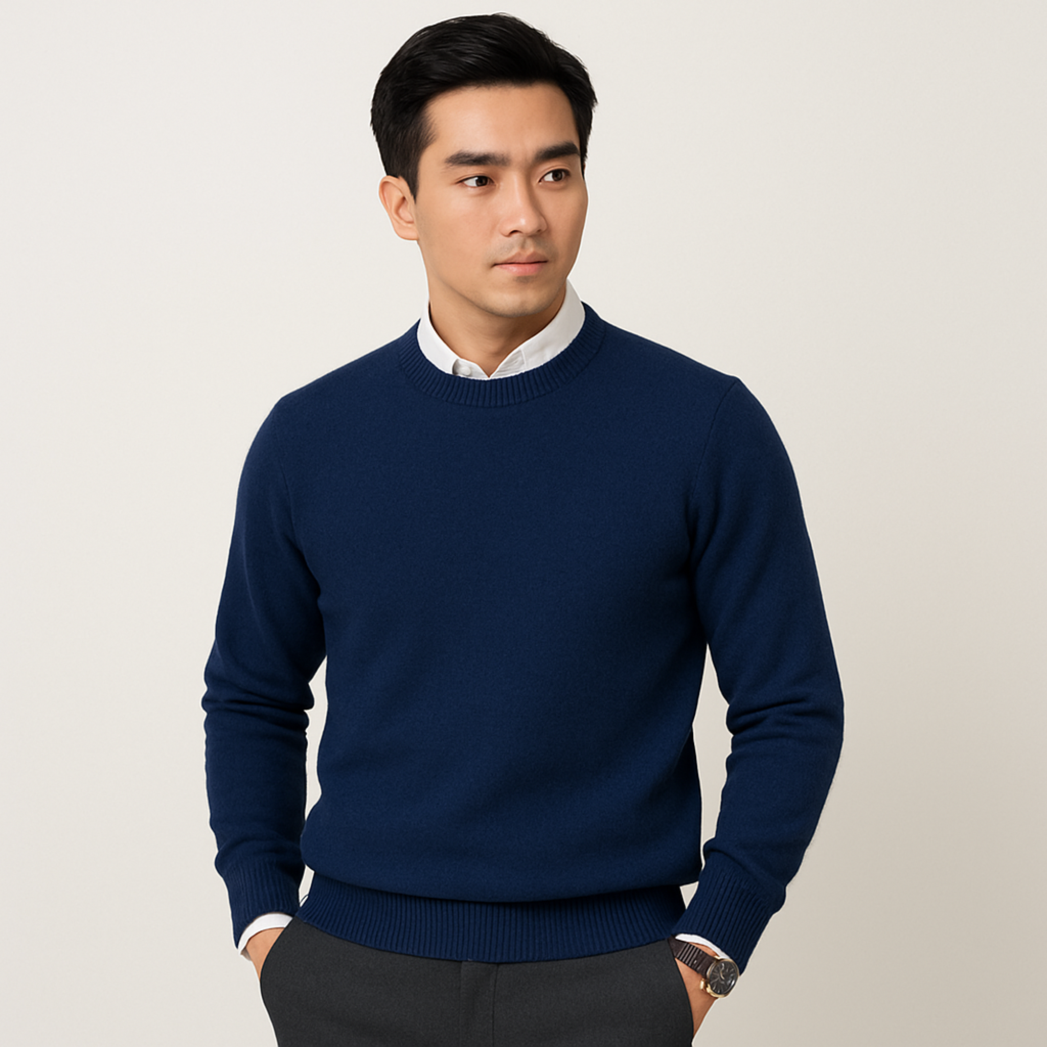 Crew Neck Ribbed Knit Sweater for Men