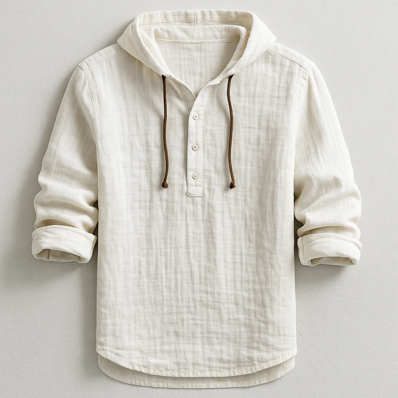 Linen Hooded Shirt with Button-Down Placket for Men