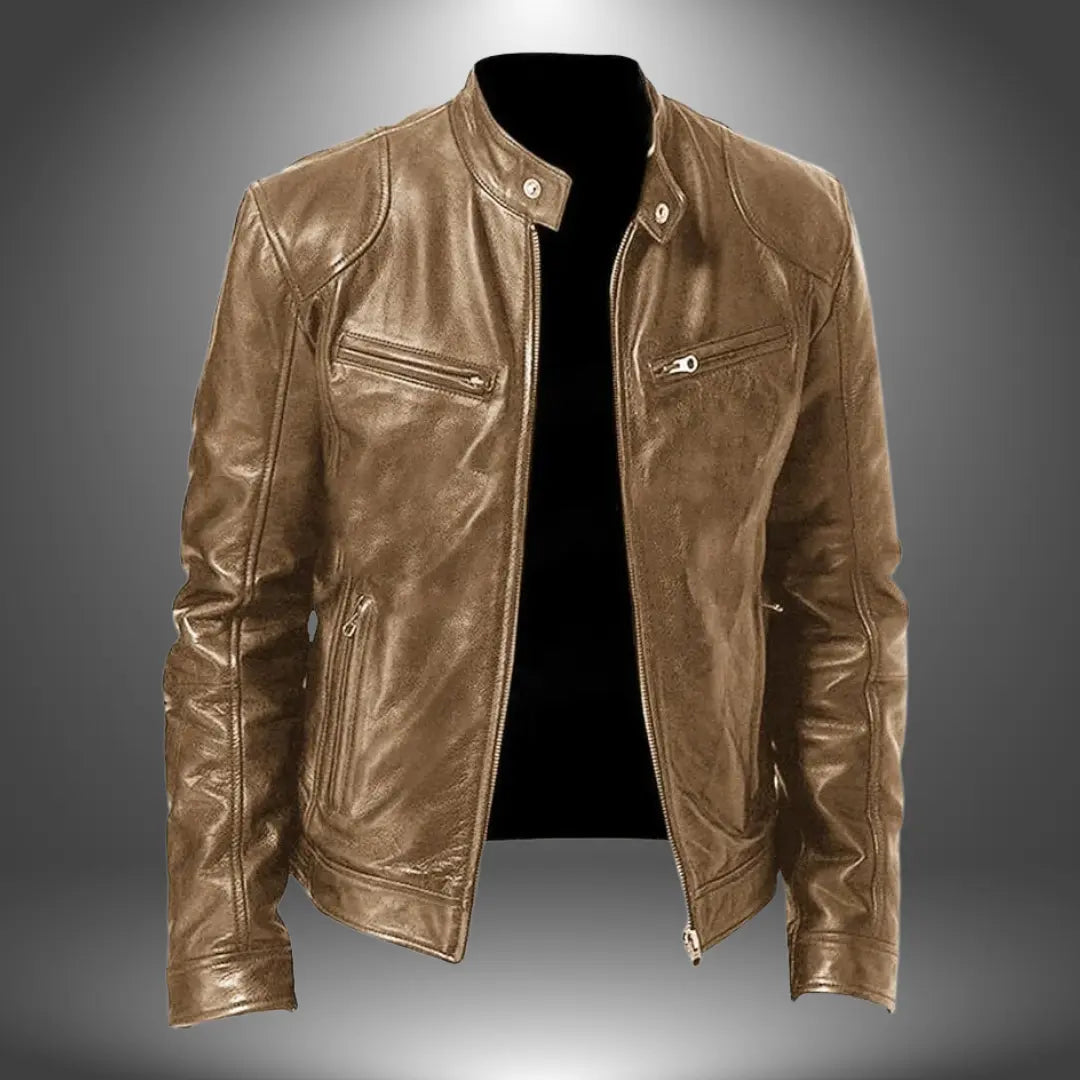 Leather Stand Collar Biker Jacket for Men