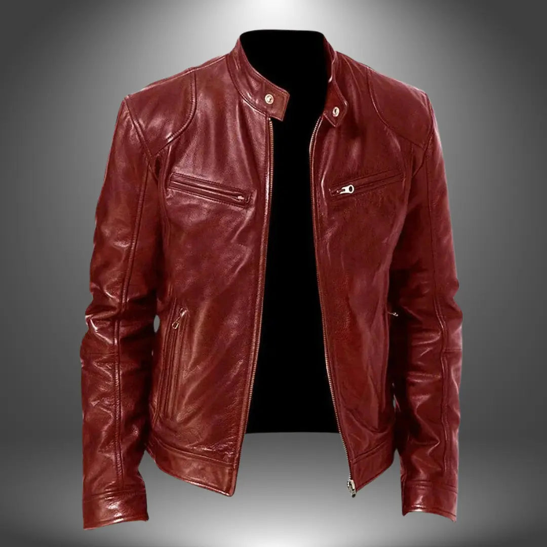 Leather Stand Collar Biker Jacket for Men