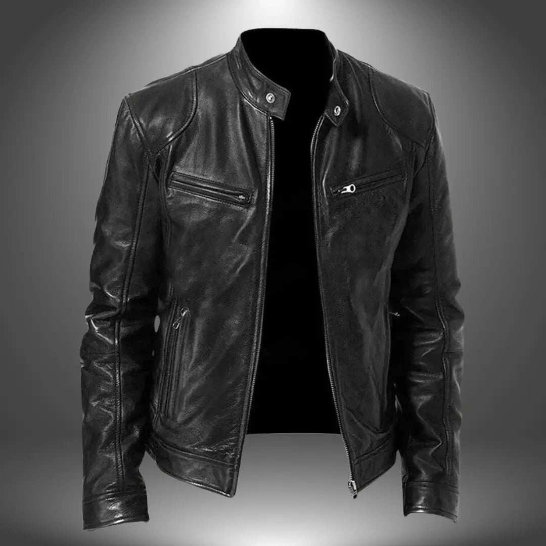 Leather Stand Collar Biker Jacket for Men