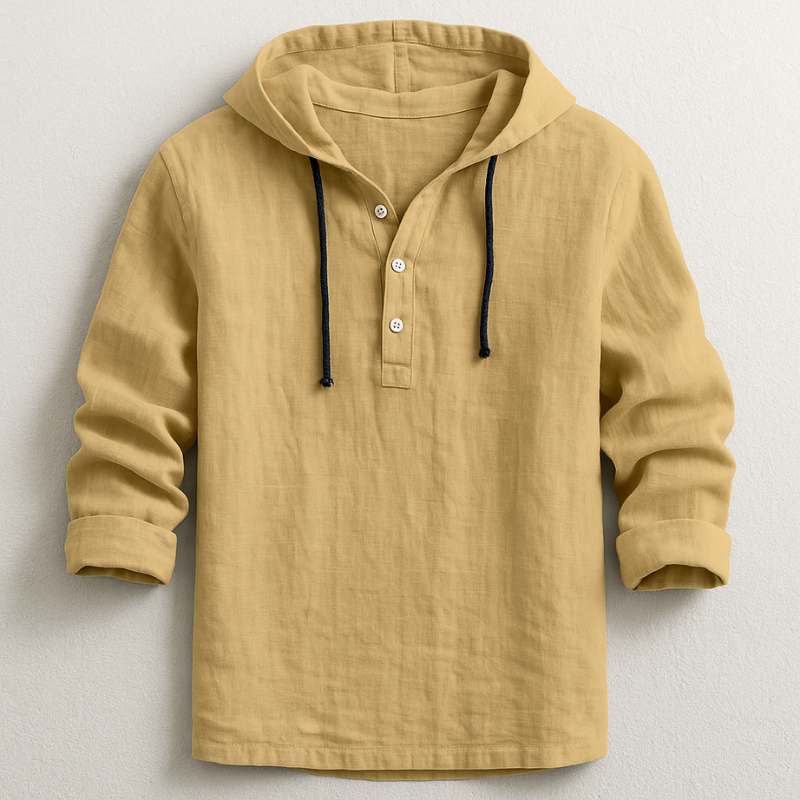 Linen Hooded Shirt with Button-Down Placket for Men