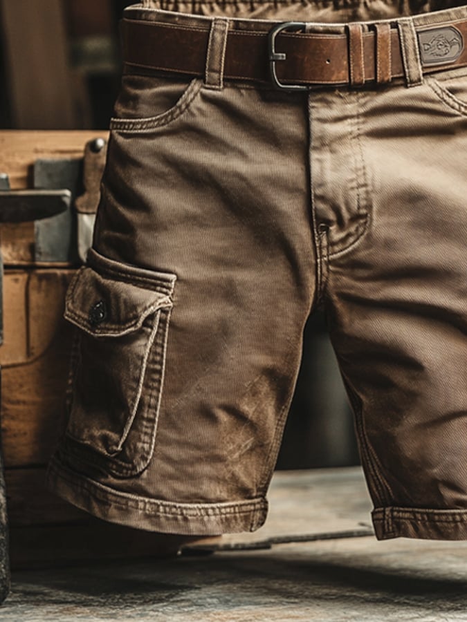 Belted Cargo Shorts with Flap Pockets for Men