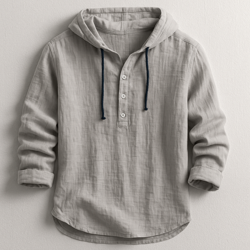 Linen Hooded Shirt with Button-Down Placket for Men
