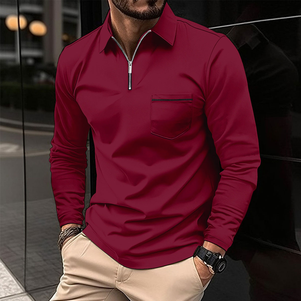 Long Sleeve Zip Polo Shirt with Chest Pocket for Men