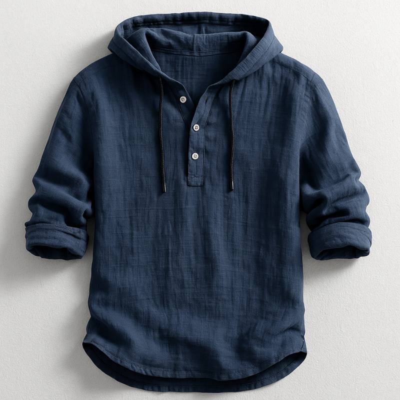 Linen Hooded Shirt with Button-Down Placket for Men