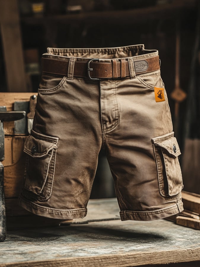 Belted Cargo Shorts with Flap Pockets for Men