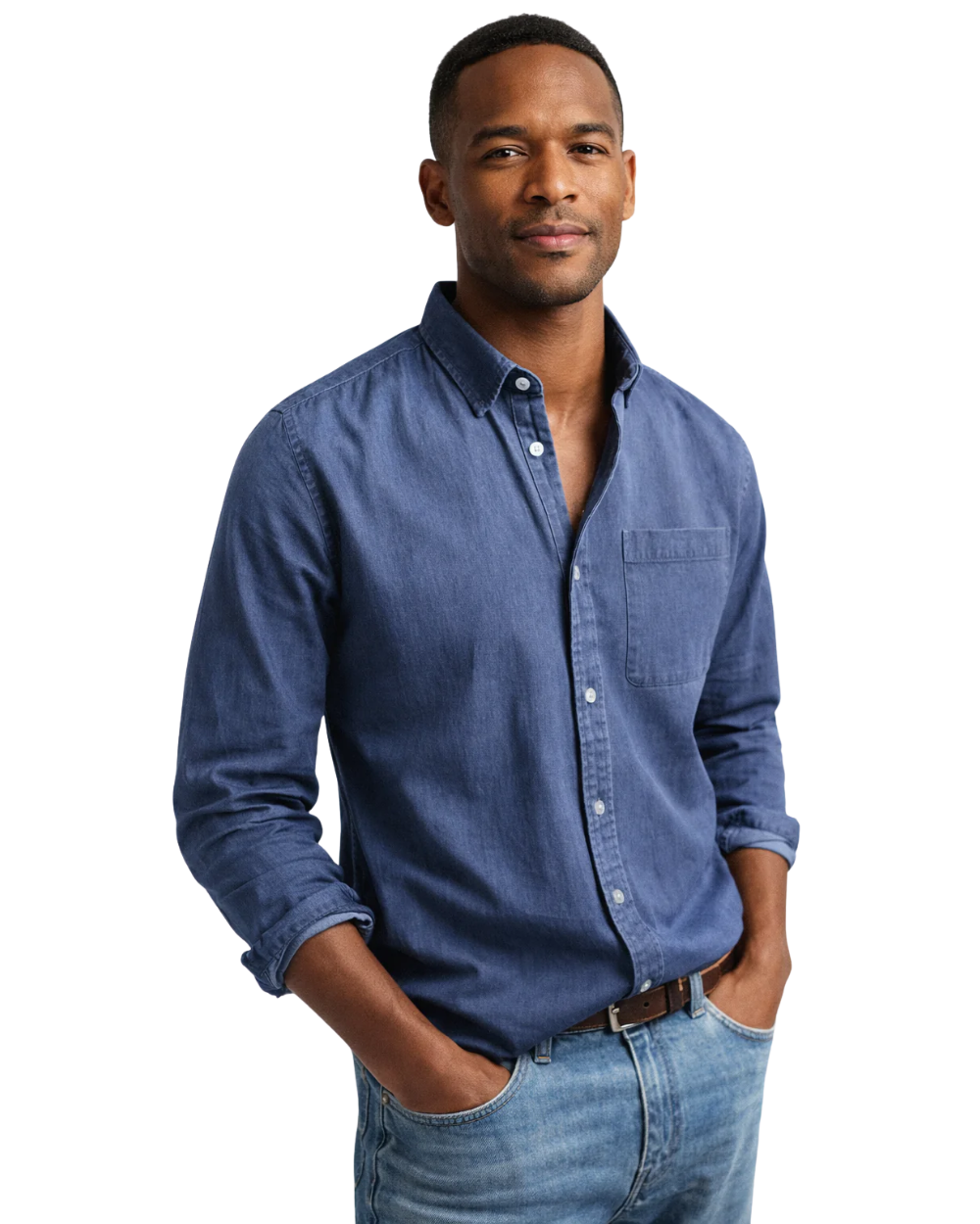Denim Button-Down Shirt with Chest Pocket for Men