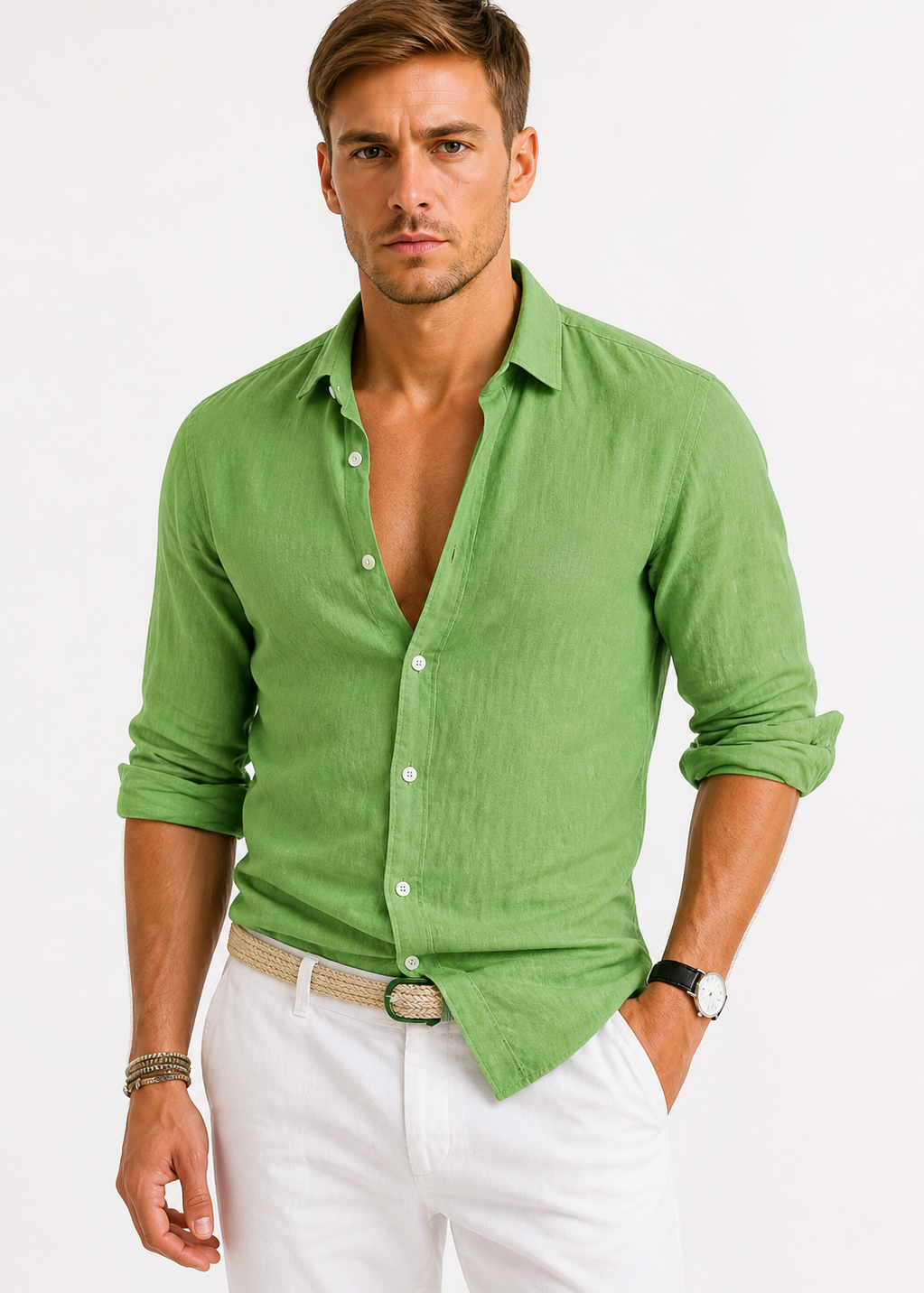 Linen Oxford Shirt with Rolled Sleeves for Men