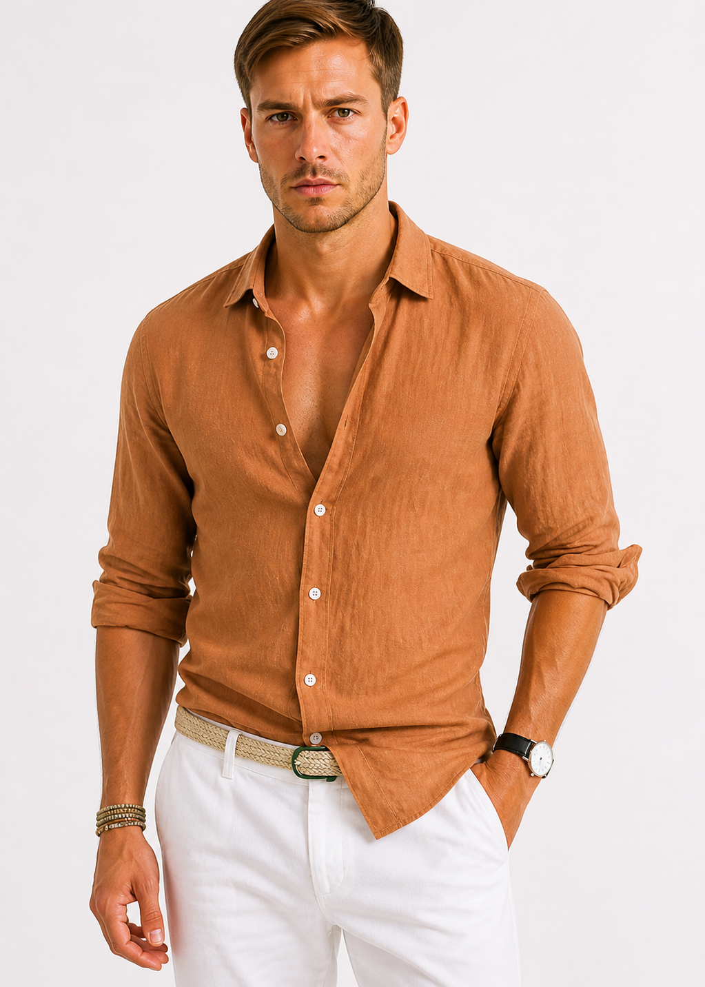 Linen Oxford Shirt with Rolled Sleeves for Men