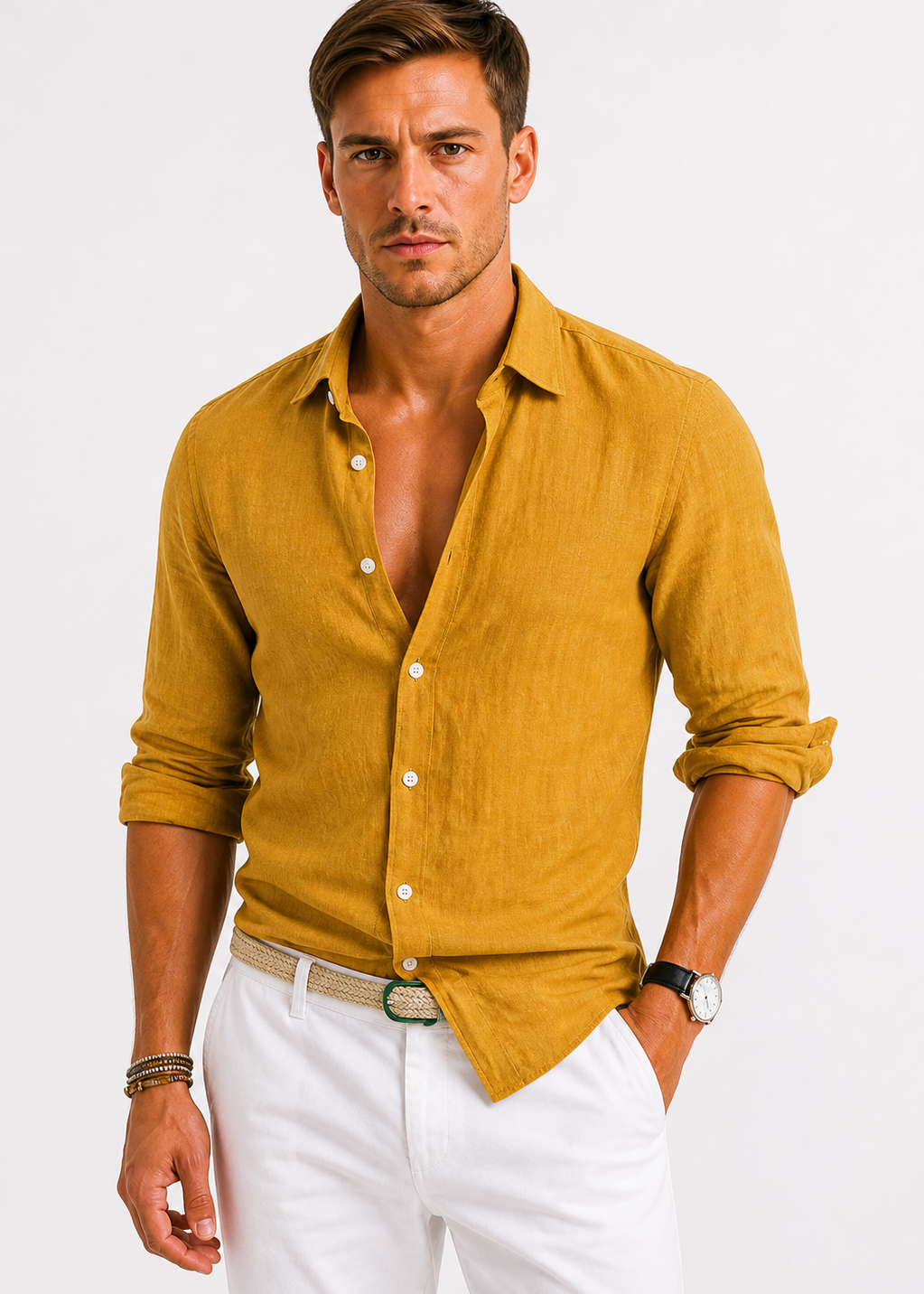 Linen Oxford Shirt with Rolled Sleeves for Men