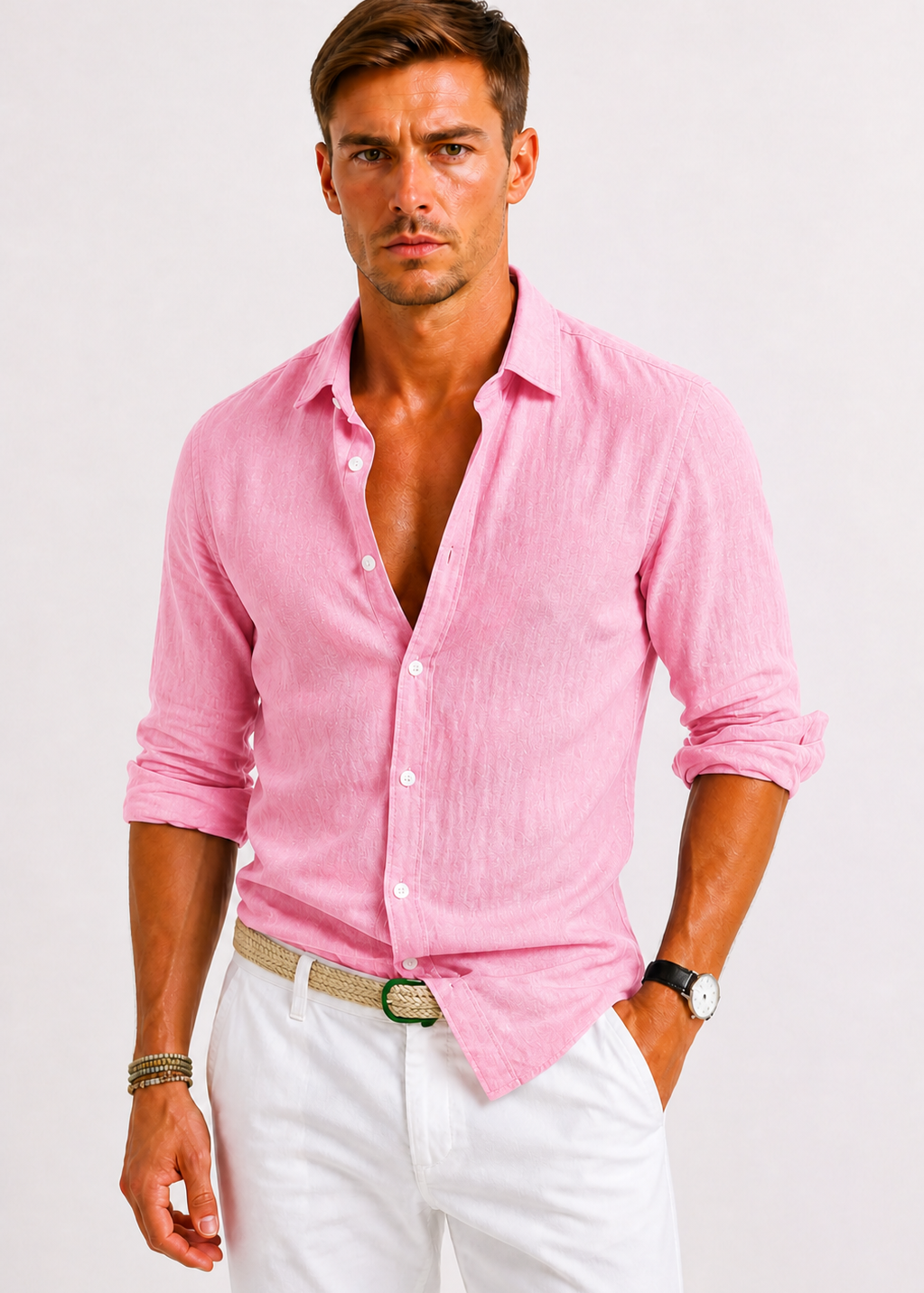Linen Oxford Shirt with Rolled Sleeves for Men