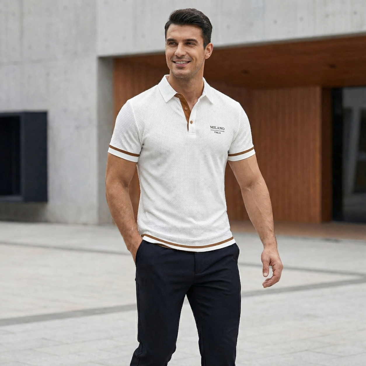 Ribbed Knit Polo Shirt with Contrast Trim for Men