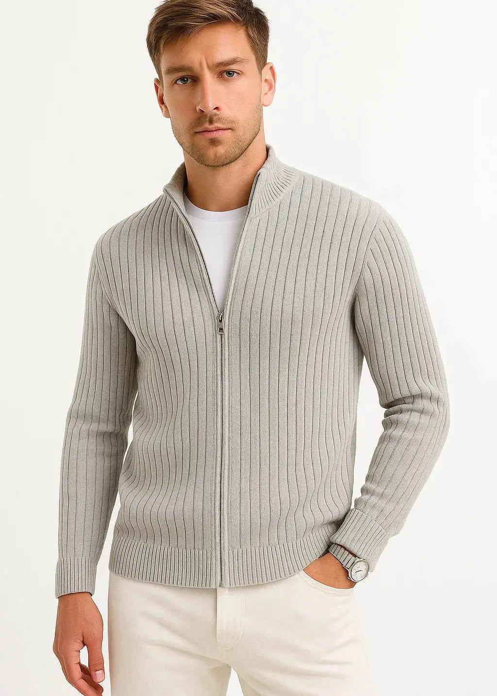 Ribbed Knit Zip-Up Cardigan for Men