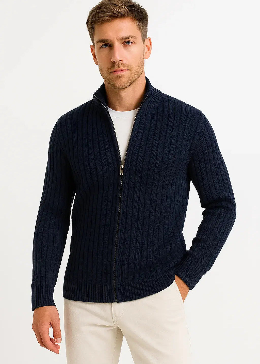 Ribbed Knit Zip-Up Cardigan for Men