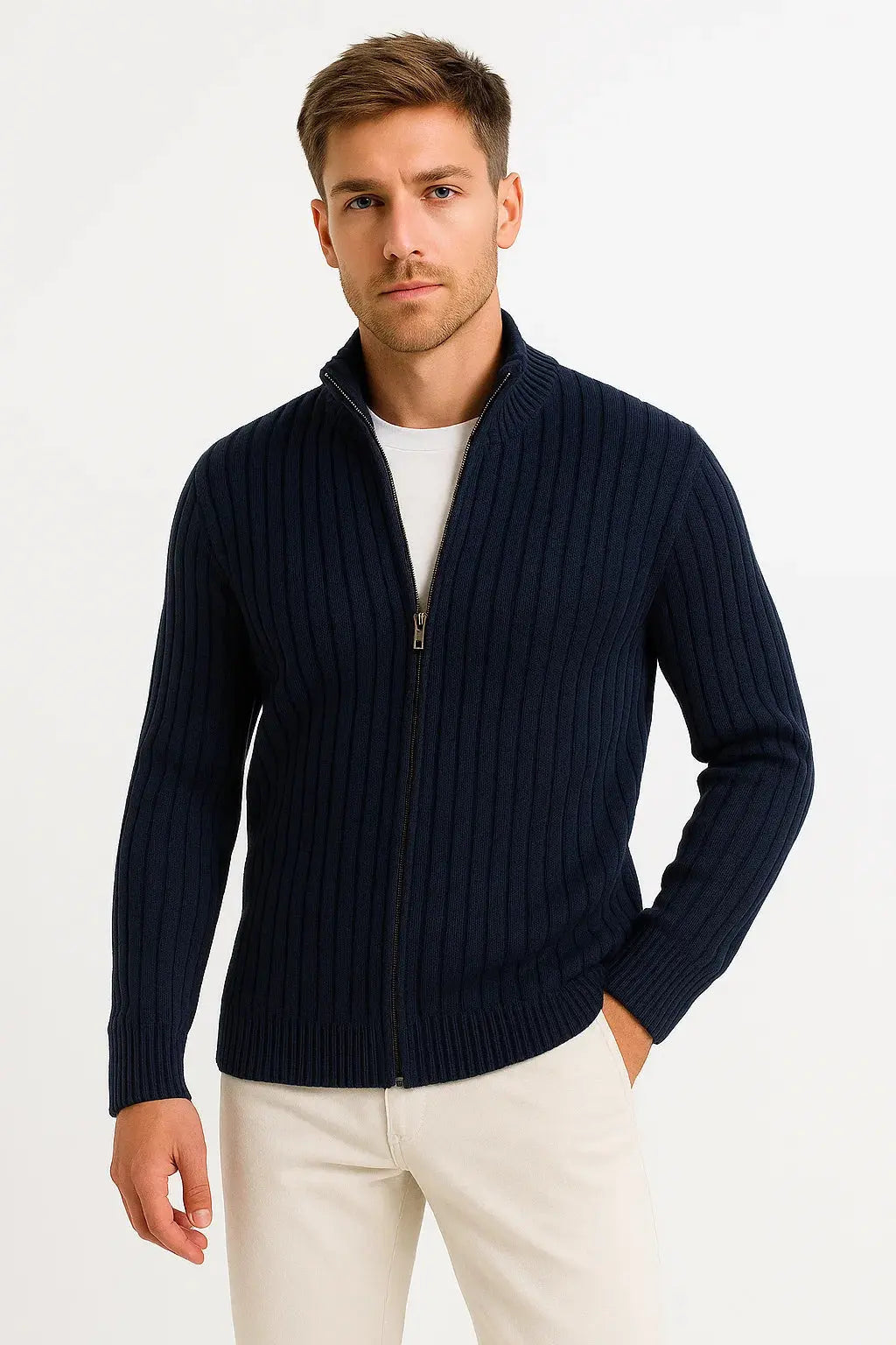 Ribbed Knit Zip-Up Cardigan for Men