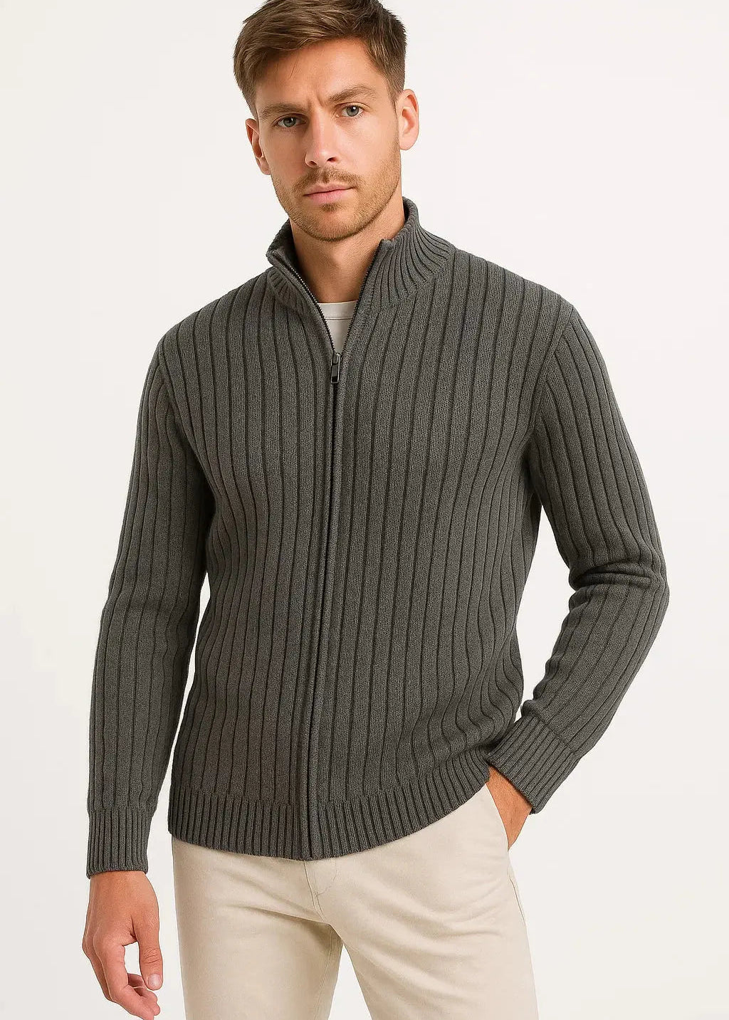 Ribbed Knit Zip-Up Cardigan for Men