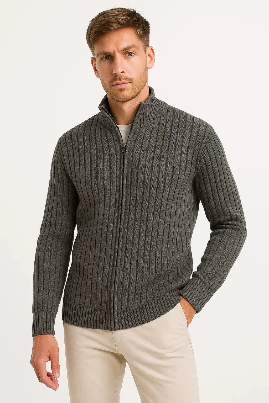 Ribbed Knit Zip-Up Cardigan for Men