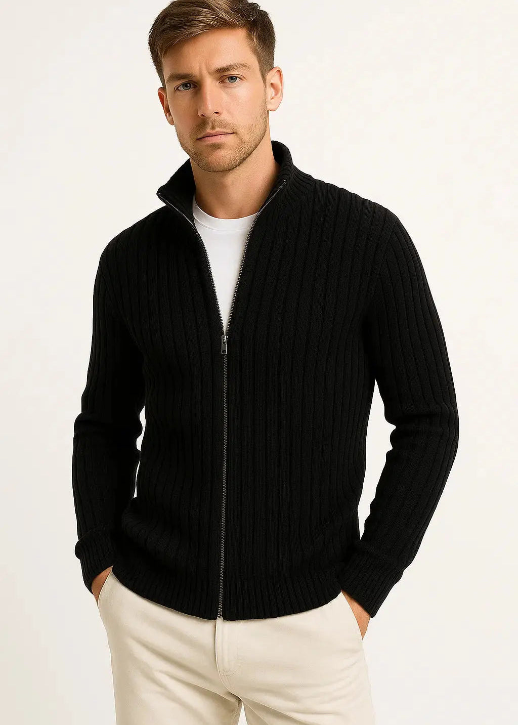 Ribbed Knit Zip-Up Cardigan for Men