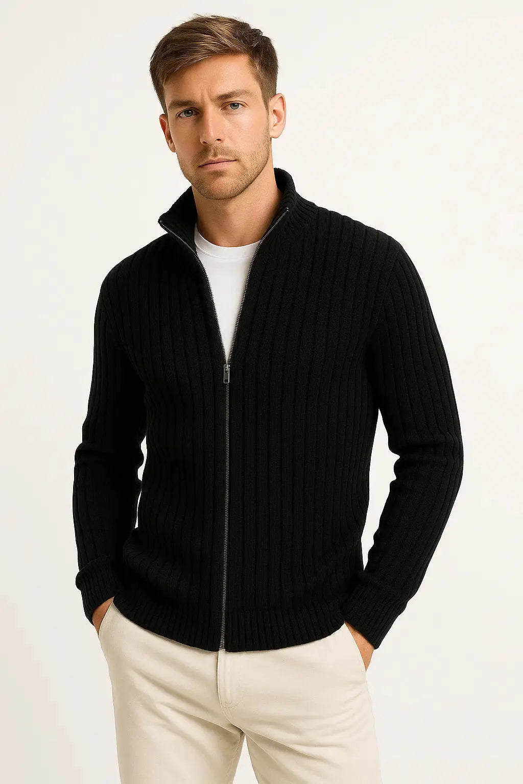 Ribbed Knit Zip-Up Cardigan for Men