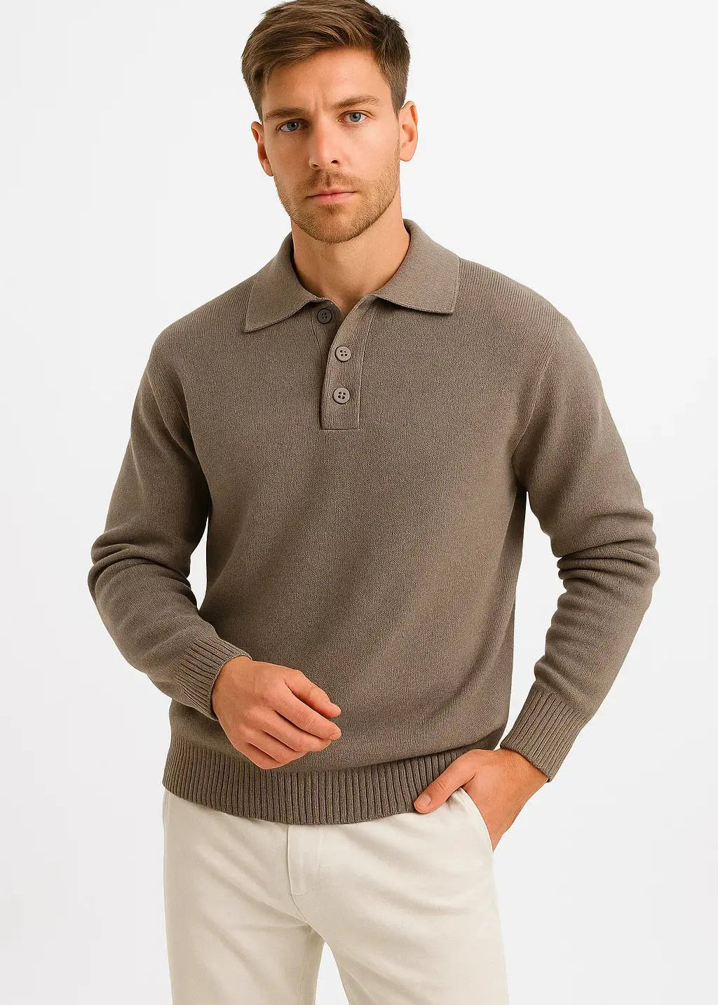 Ribbed Knit Polo Sweater with Structured Collar for Men