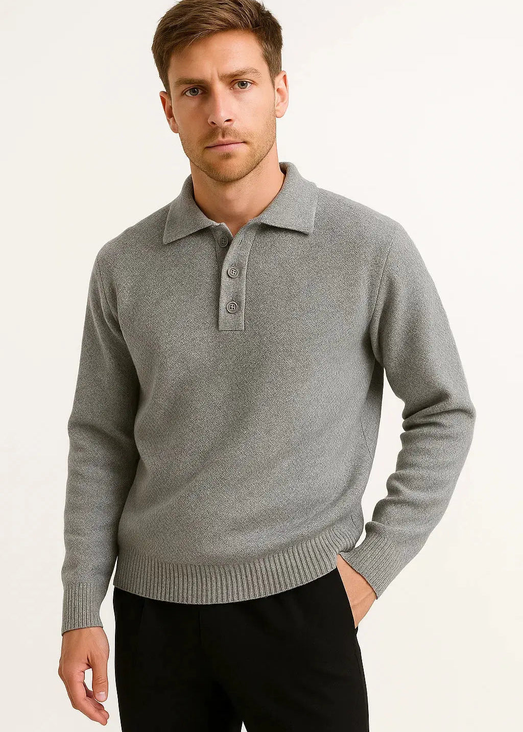 Ribbed Knit Polo Sweater with Structured Collar for Men