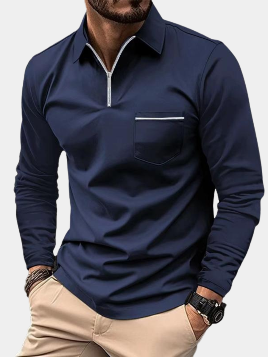 Long Sleeve Zip Polo Shirt with Chest Pocket for Men