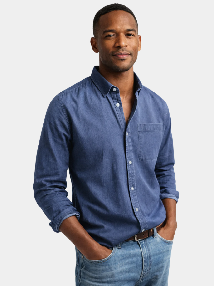 Denim Button-Down Shirt with Chest Pocket for Men