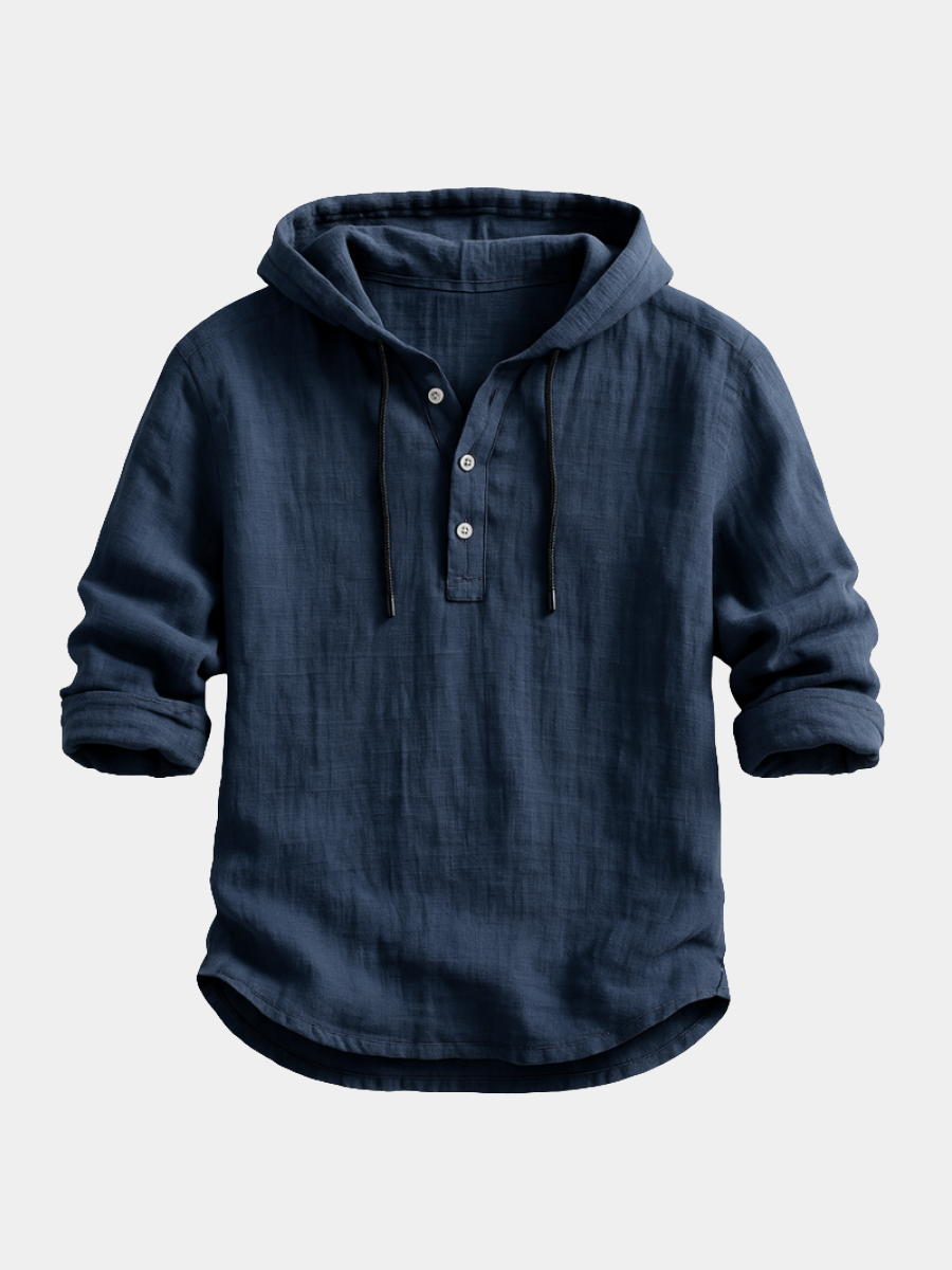 Linen Hooded Shirt with Button-Down Placket for Men