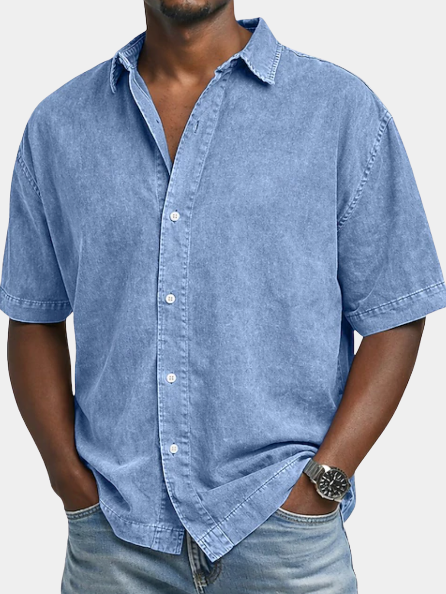 Short Sleeve Button-Down Denim Shirt for Men