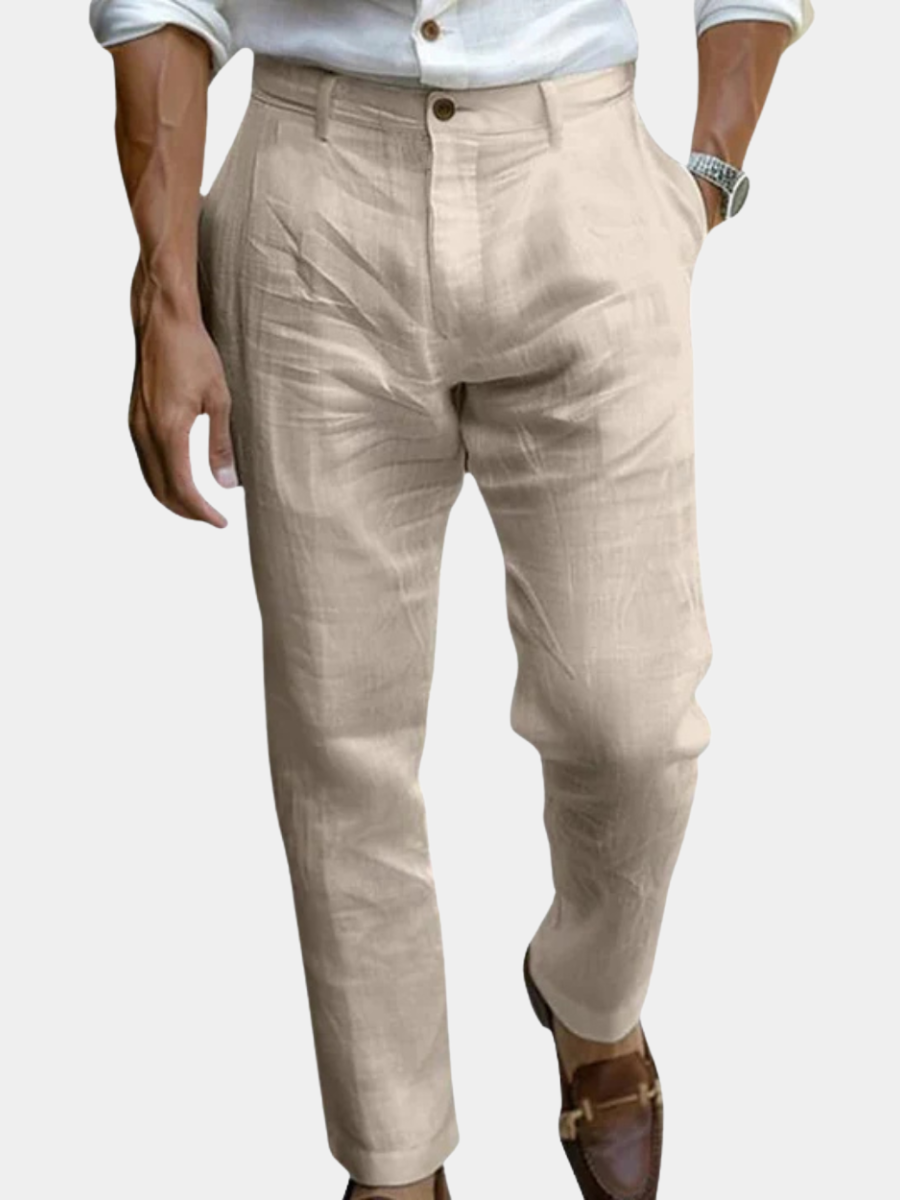 Pleated Straight Leg Linen Trousers for Men