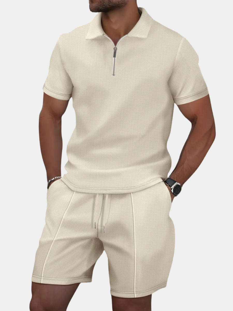 Ribbed Knit Zip Polo Shorts Set for Men