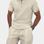 Ribbed Knit Zip Polo Shorts Set for Men