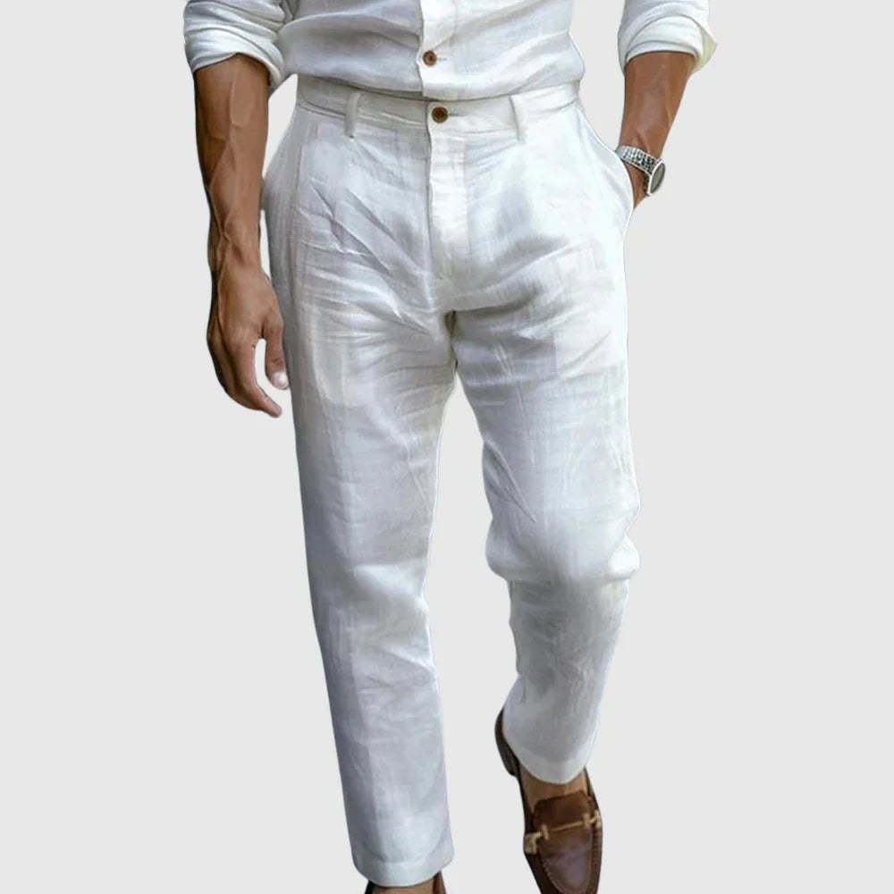 Pleated Straight Leg Linen Trousers for Men