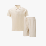 Ribbed Knit Zip Polo Shorts Set for Men