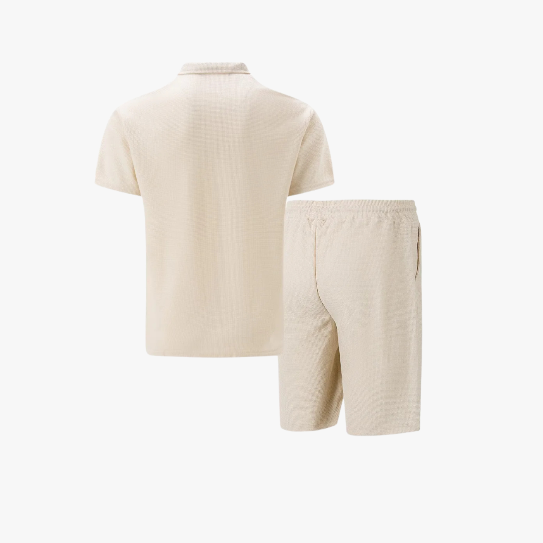 Ribbed Knit Zip Polo Shorts Set for Men