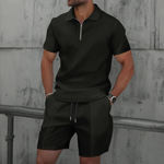 Ribbed Knit Zip Polo Shorts Set for Men