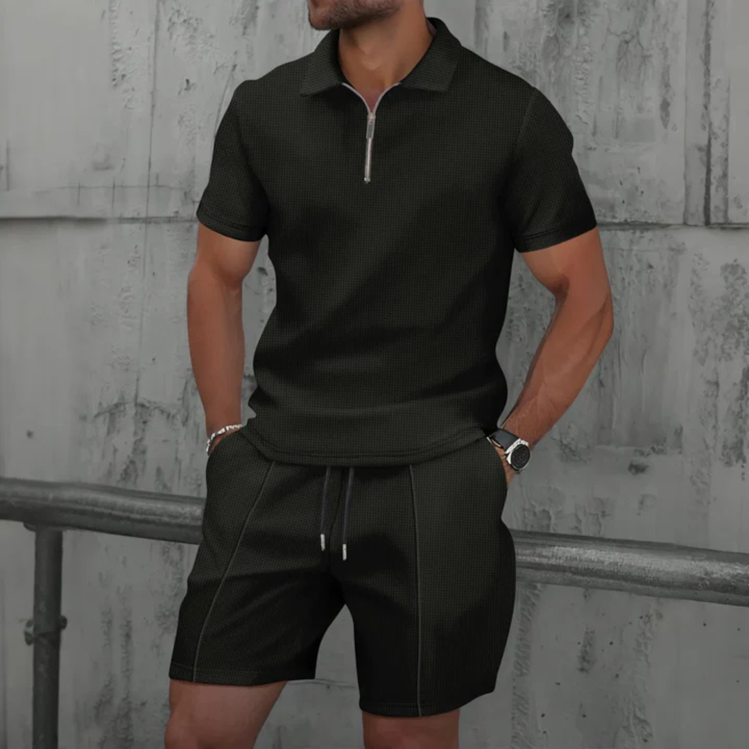 Ribbed Knit Zip Polo Shorts Set for Men
