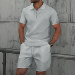 Ribbed Knit Zip Polo Shorts Set for Men