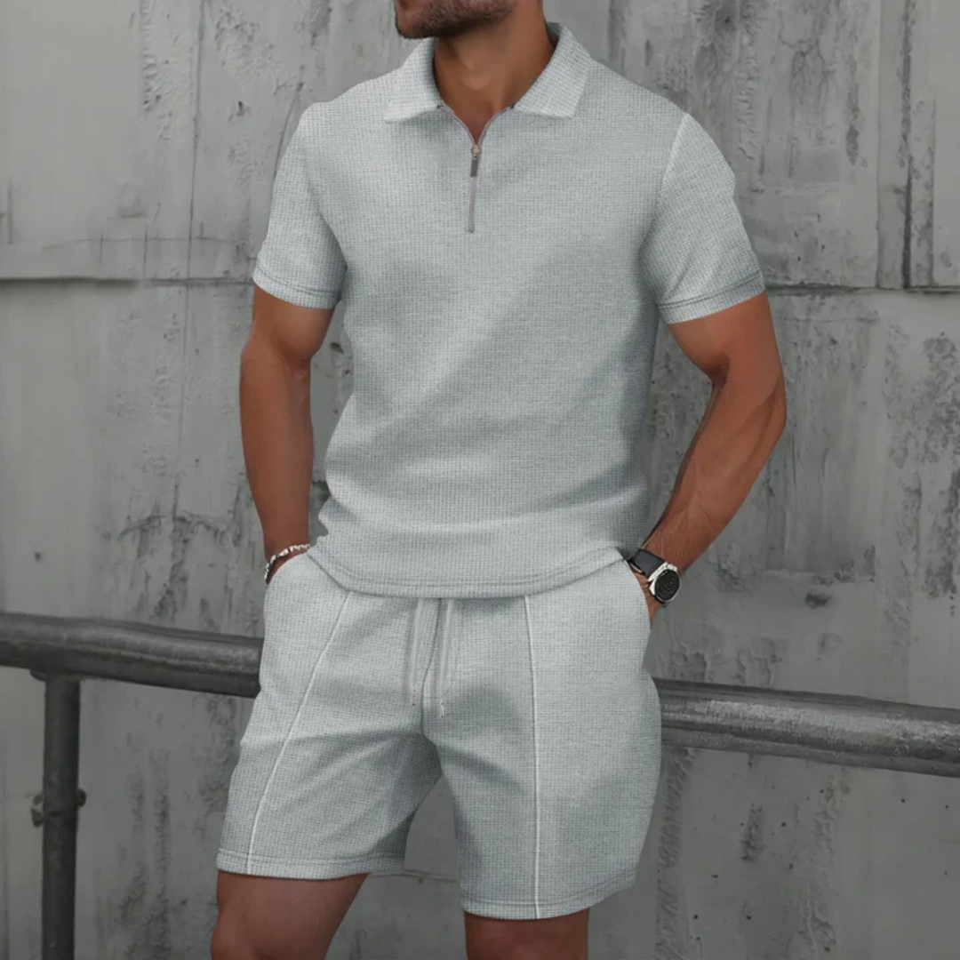 Ribbed Knit Zip Polo Shorts Set for Men