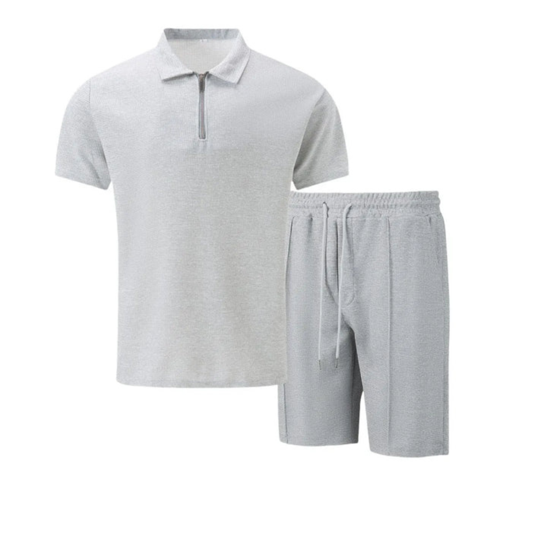 Ribbed Knit Zip Polo Shorts Set for Men