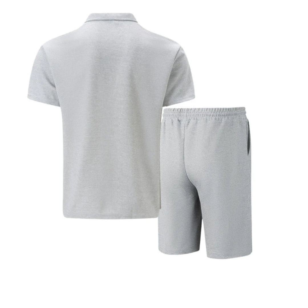 Ribbed Knit Zip Polo Shorts Set for Men
