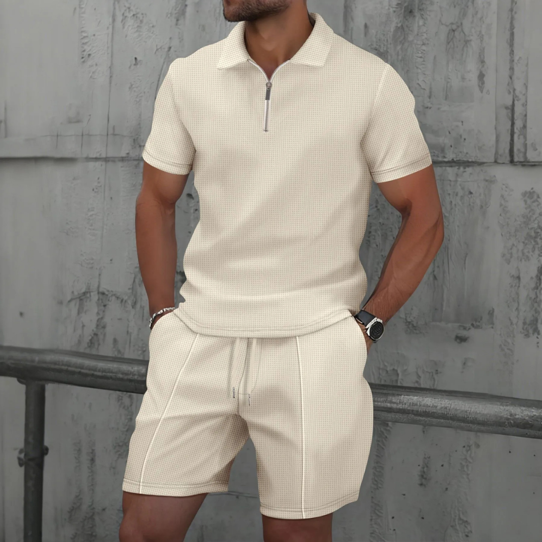 Ribbed Knit Zip Polo Shorts Set for Men